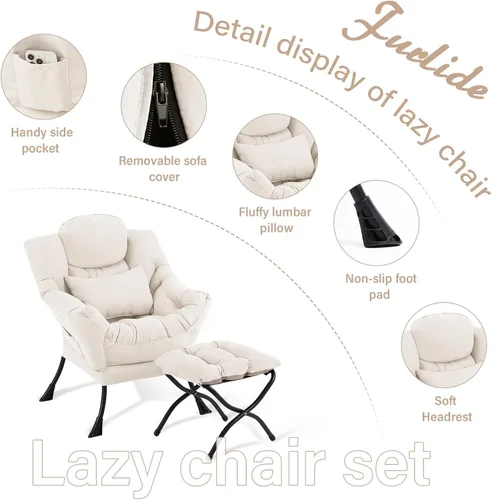 Vista 8 de Furlide Silla Perezosa con Otomana, Cómoda Silla de Salón con Brazos de Tela Acentuada con Almohada Lumbar y Reposapiés Plegable, Silla Sofá de Beige