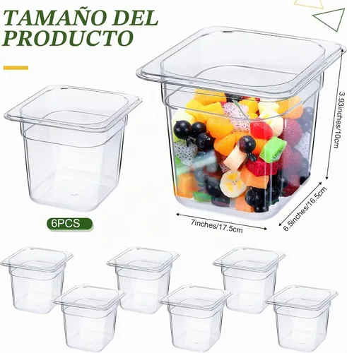 Vista 2 de Yinder 6 Piezas Bandejas de Plástico Transparente para Alimentos Tamaño 1/6 Recipientes de Policarbonato Apilables con Indicador de Capacidad
