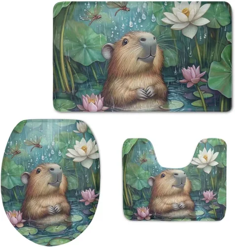 Vista 12 de FOR U DESIGNS Juego de tapetes de baño con moqueta, contorno y tapa, campana de lazo de Navidad, tapete decorativo suave para el hogar, dorado