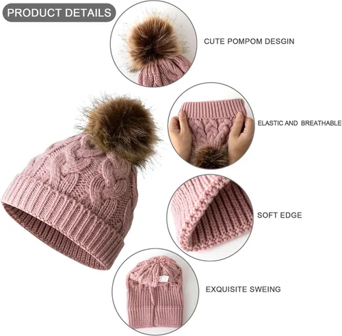 Vista 5 de PLIOPYIK Gorro de invierno para bebé gorro de punto cálido con pompones para niñas pequeñas y niños de 0 a 24 meses