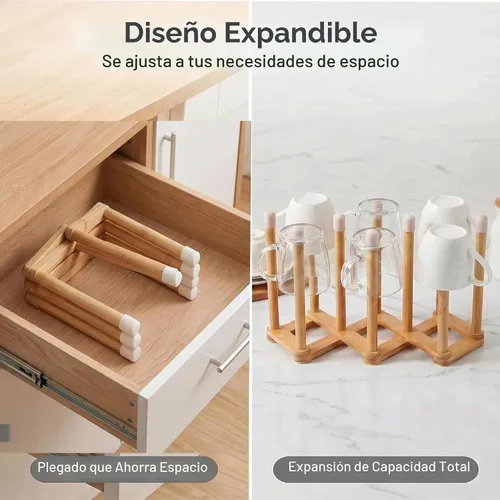 Vista 5 de Estante de secado retráctil de bambú para botellas y platos, soporte para escurridor de botellas de agua deportivas y tazas, estante de secado