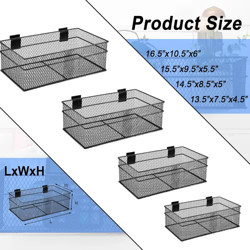 Vista 2 de Barydat Juego de 4 cestas de metal ventilado para colgar en la pared, accesorios de montaje en pared para panel de almacenamiento de garaje, Negro