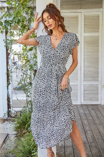 Vista 2 de PRETTYGARDEN - Vestido floral de verano para mujer cruzado con cuello en V manga corta con cinturón dobladillo con volantes acampanado vestido