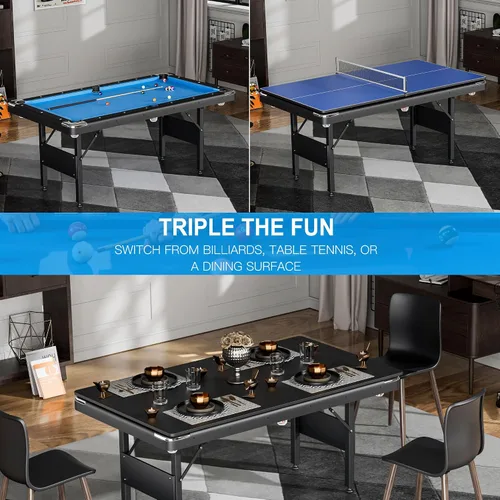 Vista 3 de Mesa de billar 3 en 1, mesa de billar plegable de 65.75 pulgadas con mesa de ping pong y parte superior de comedor, mesa de juego múltiple incluye
