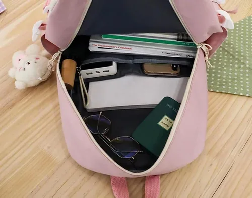 Vista 6 de Juego de 5 mochilas estéticas lindas con alfileres y colgante, mochila japonesa kawaii para la universidad para computadora portátil, mochila Negro