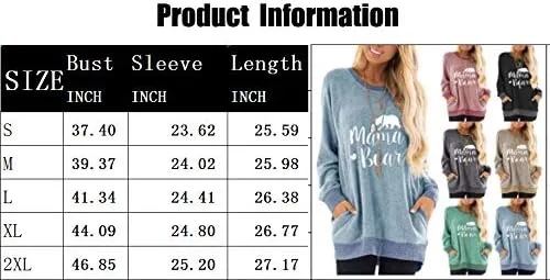 Vista 3 de Sudadera con estampado de letras de mamá oso para mujer, estilo informal, con bloques de color, cuello redondo, bolsillos, blusas, túnica