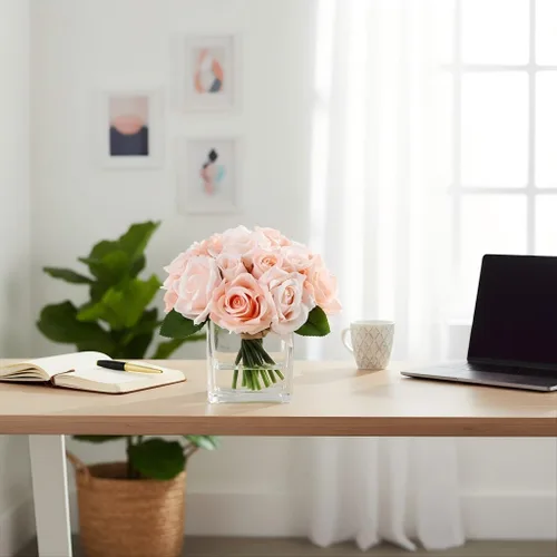Vista 2 de 18 cabezas de rosas de imitación en jarrón, arreglo floral de rosas de Aritificail con jarrón para mesa de comedor, dormitorio, decoración de boda
