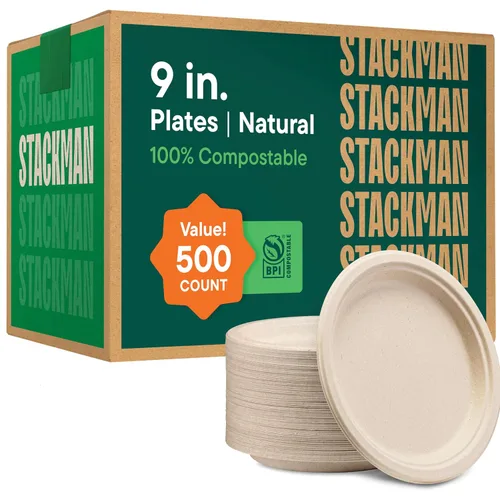 Vista 10 de Platos de papel 100% compostables de 7 pulgadas [1000 unidades] - Platos de postre resistentes - Bagazo sin blanquear de color marrón natural