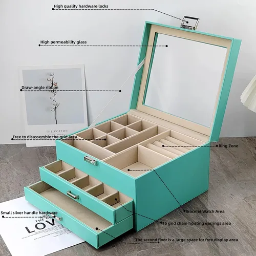 Vista 5 de BOOVO Clear Lid Jewelry Box For Girl,3 Layers Jewelry Organizer boxes For Women Turquoise Earring Jewelry Box For Girl Necklace Ring Bracelet