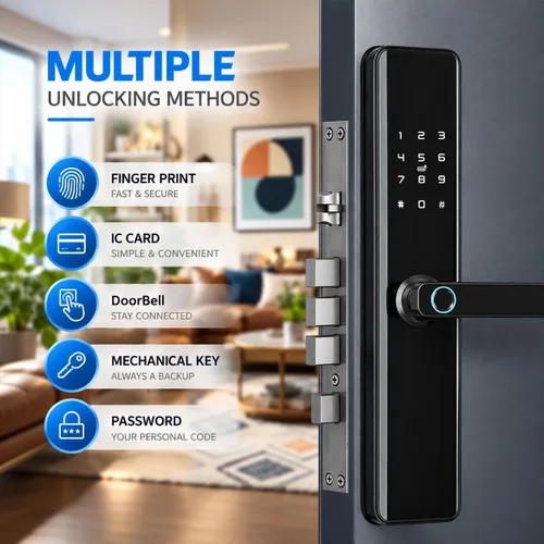 Vista 2 de Cerradura de puerta inteligente con asa, cerrojo de entrada sin llave con huella digital, teclado de pantalla táctil, control de aplicación Tuya