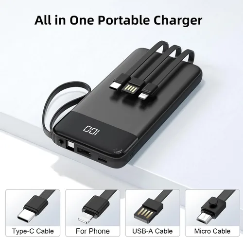 Vista 2 de penaover Cargador Portátil 10000mAh Power Bank con Cable Incorporado, 5 Salidas 2 Entradas Esencial de Viaje Paquete de Batería Externa con Pantalla