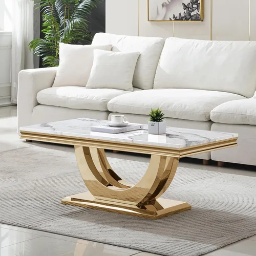 Vista 39 de Mesa de centro de 47 pulgadas de mármol negro con base en forma de U de acero inoxidable espejado, mesa central de parte superior rectangular