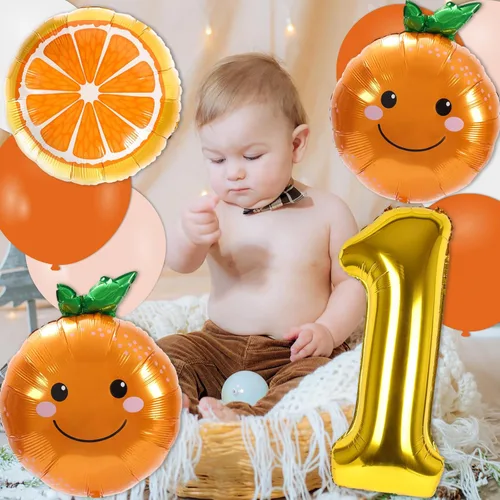 Vista 4 de Whaline 30 piezas de suministros de decoración de primer cumpleaños naranja Little Cutie número uno, globo de letra UNO, globos naranjas, globos
