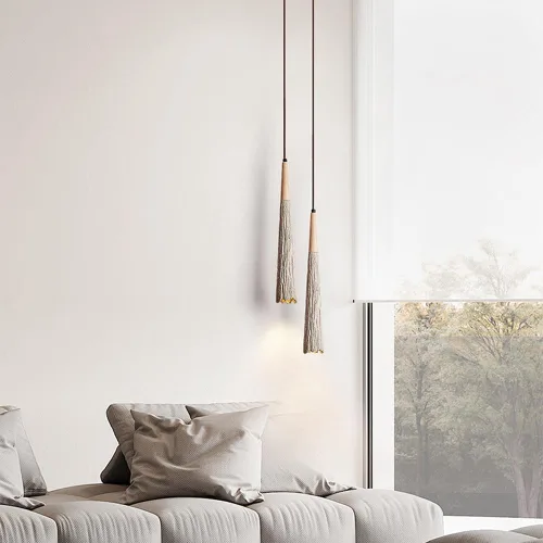 Vista 3 de Lámpara colgante de hormigón de estilo japonés, cable ajustable, lámpara colgante de cemento en forma de cono de isla de cocina con acento de madera
