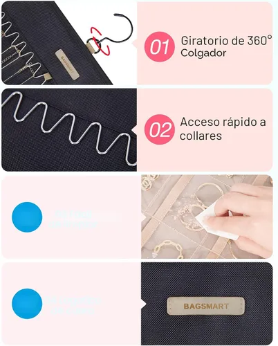 Vista 4 de BAGSMART Organizador de joyas colgante con rollo de almacenamiento y ganchos metálicos de doble cara para aretes, collares, anillos en armario, Negro