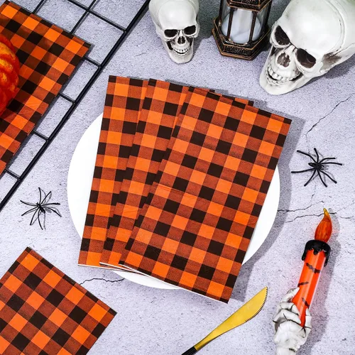 Vista 3 de AnyDesign Servilletas desechables de 100 hojas de Halloween para invitados de Halloween, servilletas de papel a cuadros naranja y negro, servilletas