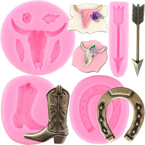 Vista 12 de ZiXiang Moldes de silicona de cabeza de toro, cactus y estrella, molde de fondant, plumas, flechas, botas de vaquero, moldes de pezuña de herradura