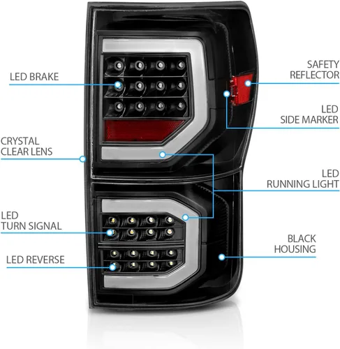 Vista 5 de AmeriLite para camioneta Toyota Tundra 2007-2013, cristal negro [Full LED] Faros traseros dobles tipo C de tubo de repuesto, lámpara de freno, par