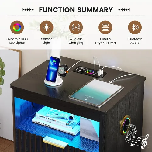 Vista 8 de Gurexl Mesita de noche inteligente con altavoz Bluetooth, moderna mesita de noche con luces LED RGB y estación de carga inalámbrica, soporte