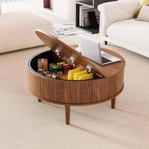 Vista 4 de Mesa de centro redonda acanalada con tapa elevable y almacenamiento, mesa de centro moderna de mediados de siglo para sala de estar, espacio pequeño