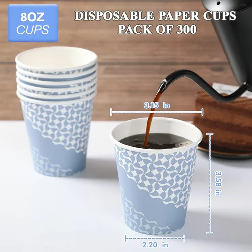 Vista 3 de MUCHII - Vasos de papel de 8 onzas, 300 tazas de café desechables, color azul Tazas para bebidas calientes, agua, jugo, té, café caliente