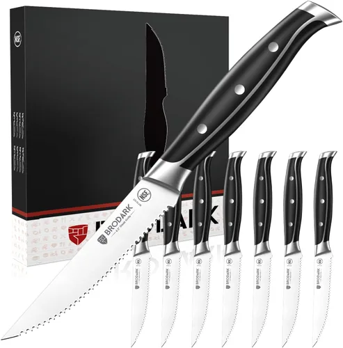 Vista 7 de BRODARK Juego de 6 cuchillos de carne dentados de 4.5 pulgadas, viene con Negro