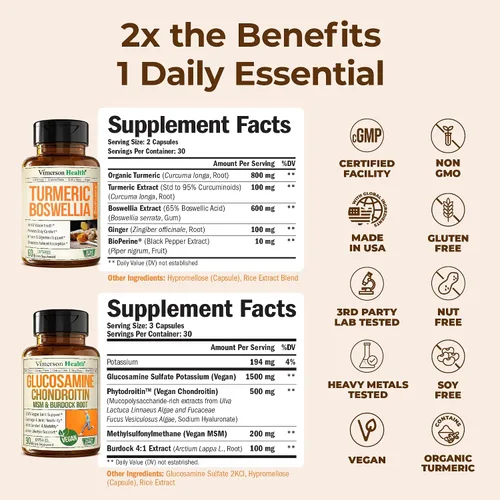 Vista 2 de Joint Support Bundle – 2-Pack Organic Turmeric Supplement with 95% Curcuminoids + 65% Boswellia Extract, Ginger Root & Black Pepper (BioPerine) +