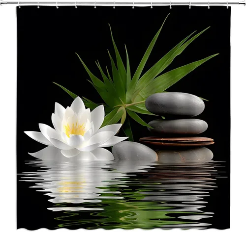 Vista 2 de Cortina de ducha de loto de spa con flores de loto blanco, piedras negras, lirio de agua, hojas de palma, verde, estilo japonés, relajante