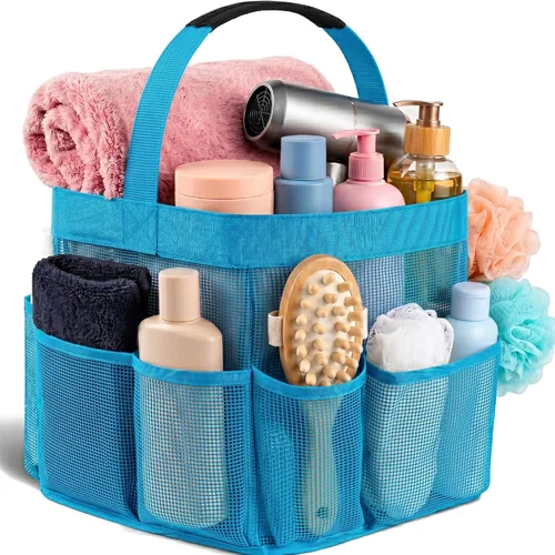 Vista 8 de Masirs – Organizador de ducha de malla con 9 bolsillos, bolsa portátil para baño para viajes, gimnasio y dormitorio - Bolsa de ducha pequeña