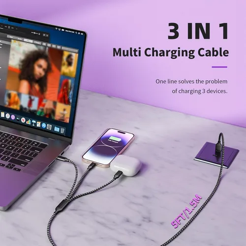 Vista 3 de MPATIBY - Cable de carga múltiple, doble tipo C Cable de carga de nailon trenzado 3 en 1 con puertos IP/tipo C para teléfonos