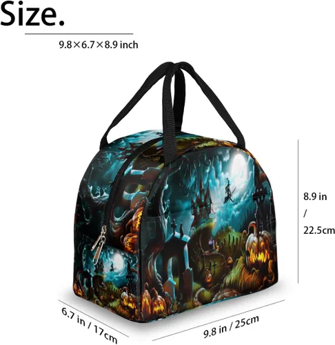 Vista 2 de Bolsa de almuerzo aislada para mujeres y hombres, Halloween, castillo de bruja, calabaza, impermeable, bolsa térmica reutilizable, contenedor