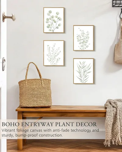 Vista 8 de KUVIOKE Arte botánico enmarcado bohemio para pared de plantas de baño, decoración de pared, impresiones de hojas de eucalipto verde salvia, estética
