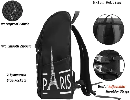 Vista 4 de Naanle Elegante Torre Eiffel París Negro Blanco Casual Hombre Mujer Estudiante Mochila Viaje Computadora Bolsa Eiffel Tower