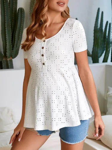 Vista 6 de MakeMeChic Camisas de verano de maternidad para mujer, manga corta, botón frontal con ojales y peplum