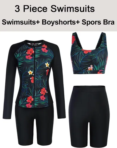 Vista 5 de JACK SMITH Traje de baño de 3 piezas de manga larga con cremallera frontal, tankini UPF 50 para mujer
