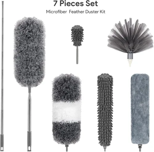 Vista 3 de DELUX Plumero de microfibra con 7 plumeros, reutilizables, flexibles, lavables, con poste de extensión extra largo de 100 pulgadas para limpiar
