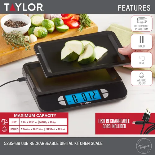 Vista 3 de Taylor Báscula digital recargable por USB para cocina y alimentos, capacidad de 11 libras con bandeja apta para lavavajillas, cable incluido
