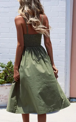 Vista 10 de Angashion - Vestido floral de verano estilo bohemio para mujer, con botones, bolsillos y tiras ajustables