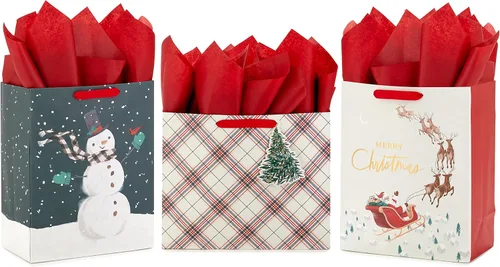 Vista 10 de Hallmark - Juego de bolsas de regalo pequeñas de 6 pulgadas para fiestas (paquete de 5; rojo, blanco y kraft) Copos de nieve, rayas, Feliz (5XGB1798)