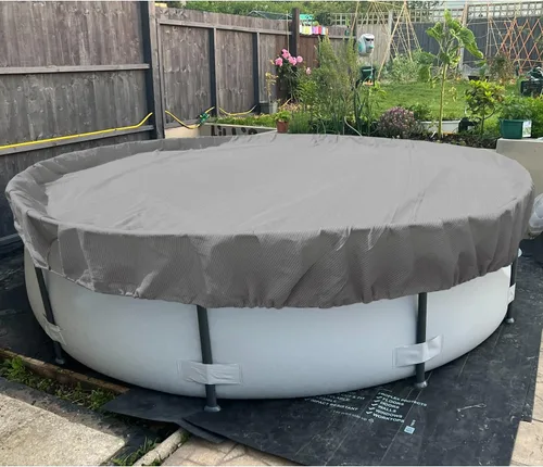 Vista 2 de Patio Cubiertas redondas para piscinas sobre el suelo, cubierta de seguridad para alberca de invierno de 10 pies, lona resistente con cabrestante