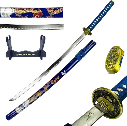 Vista 10 de Bishamon 42 1/2" Samurai Sword Carbon Blade Dragon Scabbard Comes with a Wooden Stand