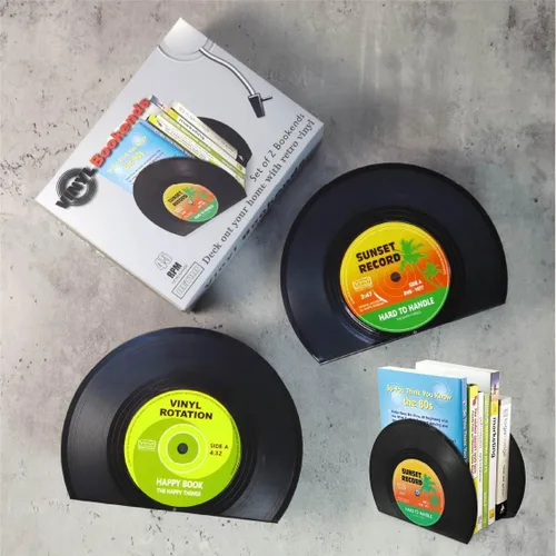 Vista 5 de Sujetalibros modernos para estantes, diseño de discos de vinilo retro, sujetalibros decorativos para amantes de la música, tapón decorativo