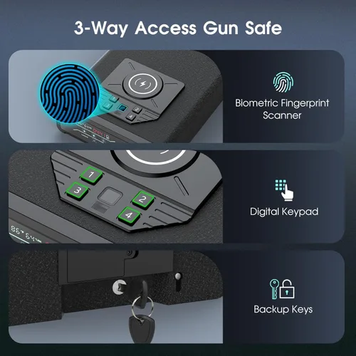 Vista 3 de Caja fuerte para pistola de pistola, biométrica de acceso rápido con carga inalámbrica para reloj y teléfono, teclado de huellas dactilares 3 en 1