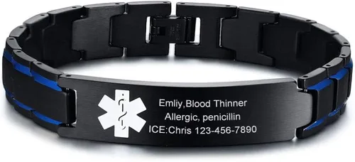 Vista 8 de VNOX Pulsera ajustable de acero inoxidable cepillado de 2 tonos con grabado personalizado gratis, identificación de alerta médica, unisex