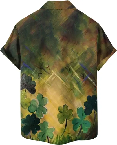 Vista 5 de Camisa del día de San Patricio para hombre, con botones, divertida, trébol, trébol, manga corta, camisas casuales