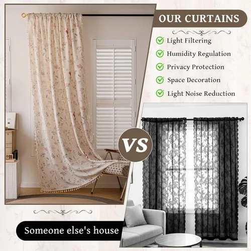 Vista 5 de STACYPIK Cortinas rústicas florales para ventana, cortinas semiopacas transpirables de 63 pulgadas de largo, 2 paneles lavables, cortinas filtrantes