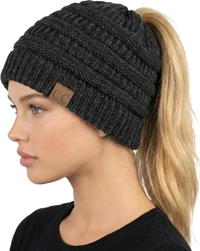 Vista 34 de Funky Junque Gorro de Cola de Caballo para Mujeres - Gorro de Invierno Ponyback Suave Elástico de Punto Trenzado Cola Alta Gorros para Correr