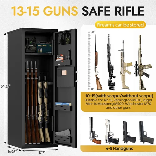 Vista 3 de KAER 10-15 Caja fuerte biométrica para rifles y pistolas, gran gabinete de armas con estantes removibles y estante ajustable, cerradura de teclado
