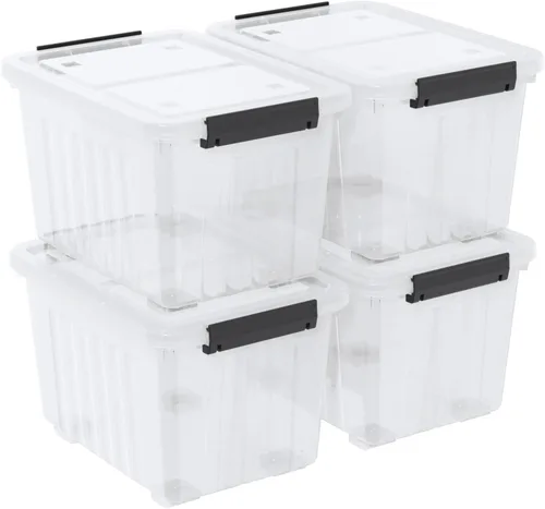 Vista 10 de Caja de almacenamiento transparente de 22 L con asas, contenedor de plástico con tapa de cierre, paquete de 4