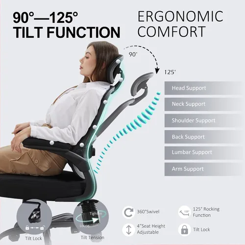 Vista 6 de Ergonomic Office Chair,Ultra Thick Office Desk Chair with Adjustable Lumbar Support and Headrest,Spring Cushion,Rocking Function,Flip-up arms,Mesh